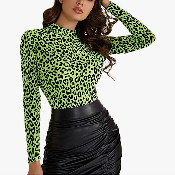 Women Neon Green Leopard Mesh Top - size large - Picture 4 of 5